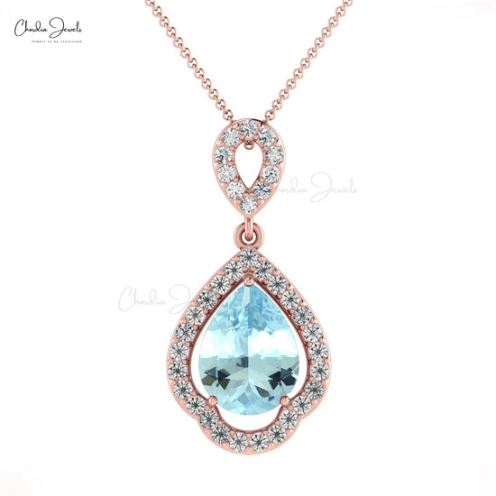 Pear Cut Art Deco Pendant In 14k Pure Gold Aquamarine Diamond Wedding Pendant For Her