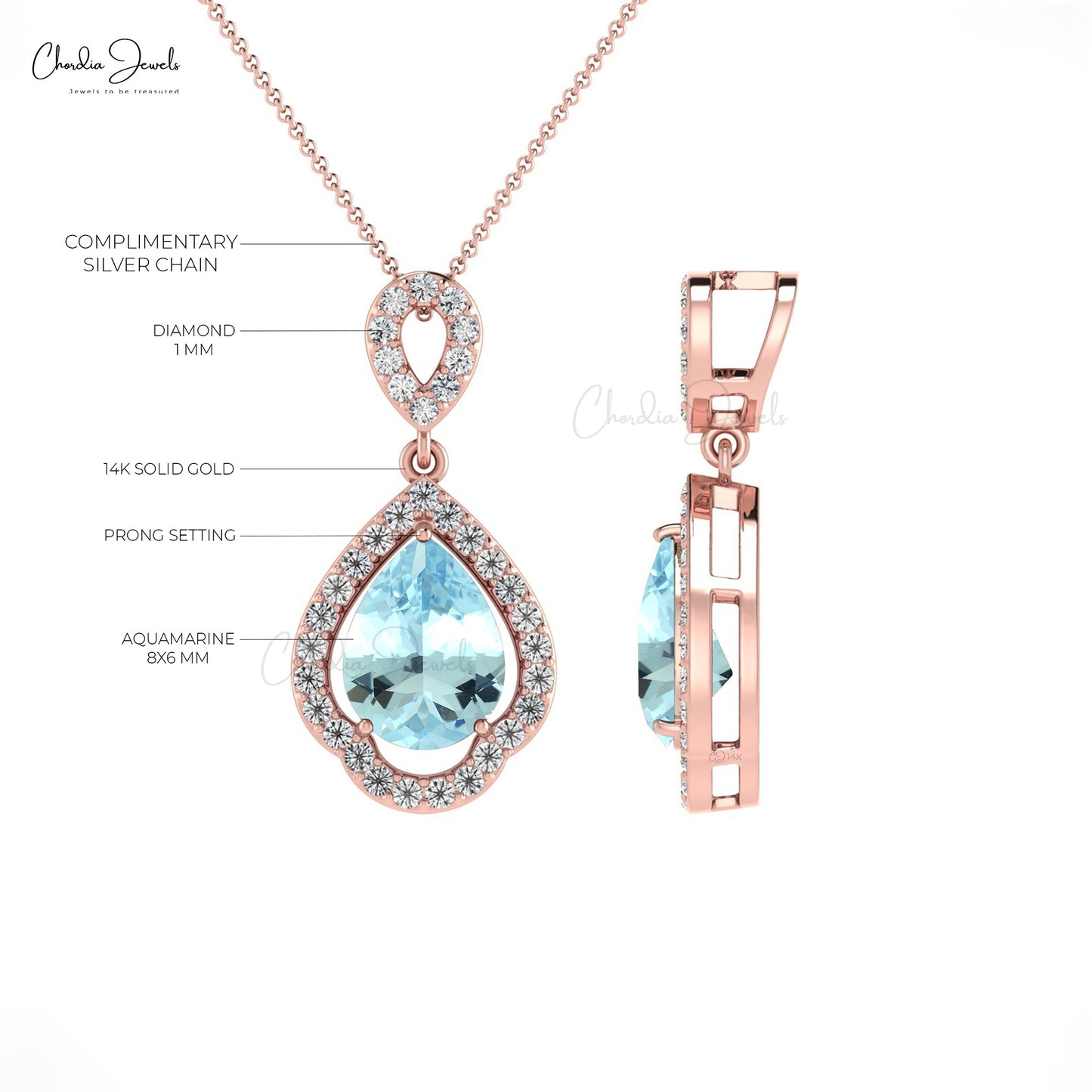 Pear Cut Art Deco Pendant In 14k Pure Gold Aquamarine Diamond Wedding Pendant For Her