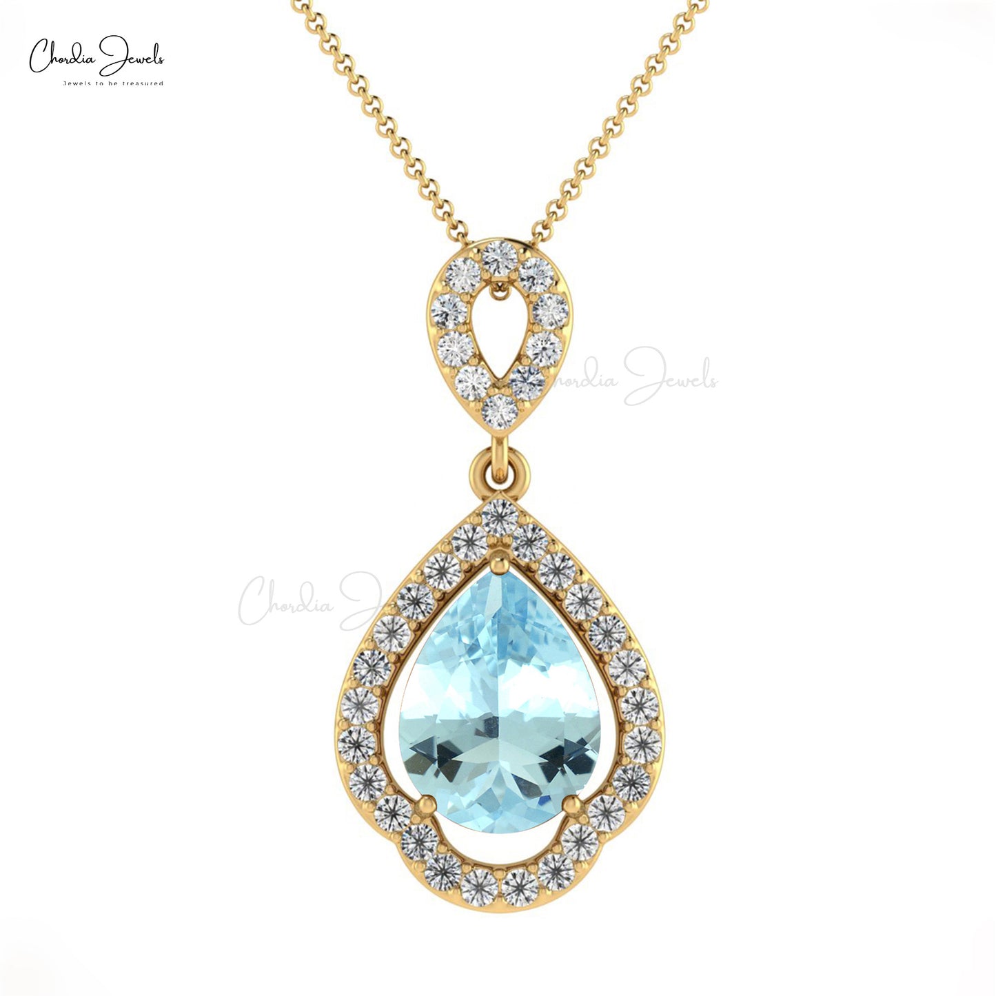 Pear Cut Art Deco Pendant In 14k Pure Gold Aquamarine Diamond Wedding Pendant For Her