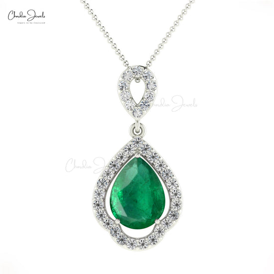 Art Deco Pendant With 1.17ct Emerald Gemstone 14k Solid Gold Diamond Halo Classic Pendant