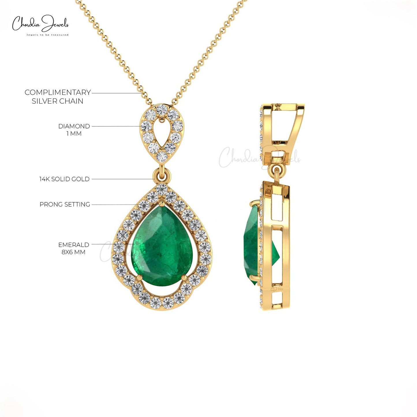 8X6MM Classic Emerald Art Deco Pendant in 14K Gold for Gift