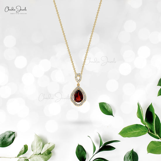 Genuine 8X6MM Garnet and Diamond Art Deco Pendant in 14K Gold