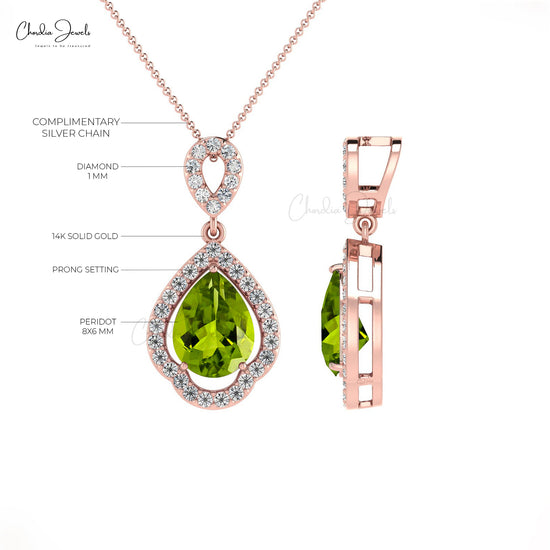 Dangle Diamond Pendant With 1.07 Ct Peridot Art Deco Handmade Pendant In 14k Pure Gold