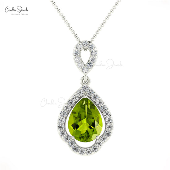 Natural Peridot and Diamond Pendant, 8x6mm Pear Cut Gemstone Prong Set Pendant, August Birthstone Pendant Gift for Her