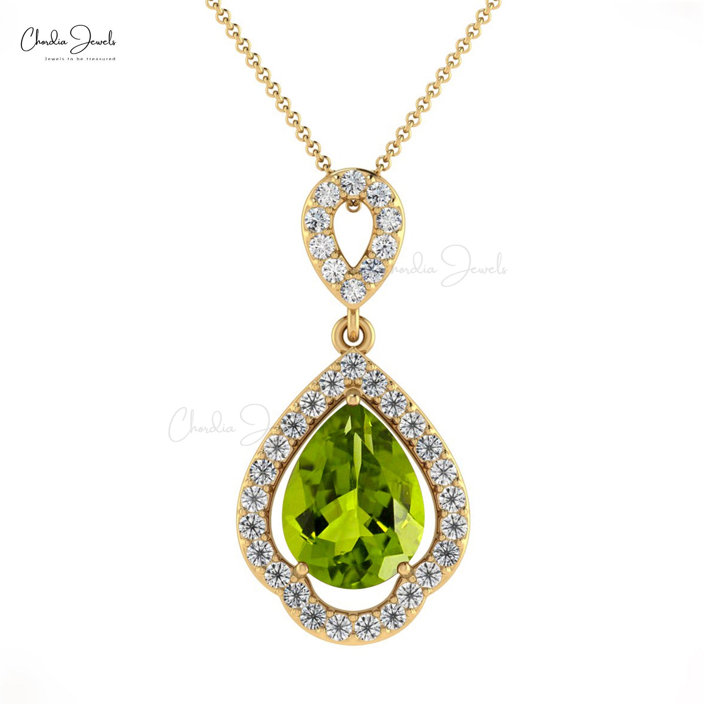 Natural Peridot and Diamond Pendant, 8x6mm Pear Cut Gemstone Prong Set Pendant, August Birthstone Pendant Gift for Her