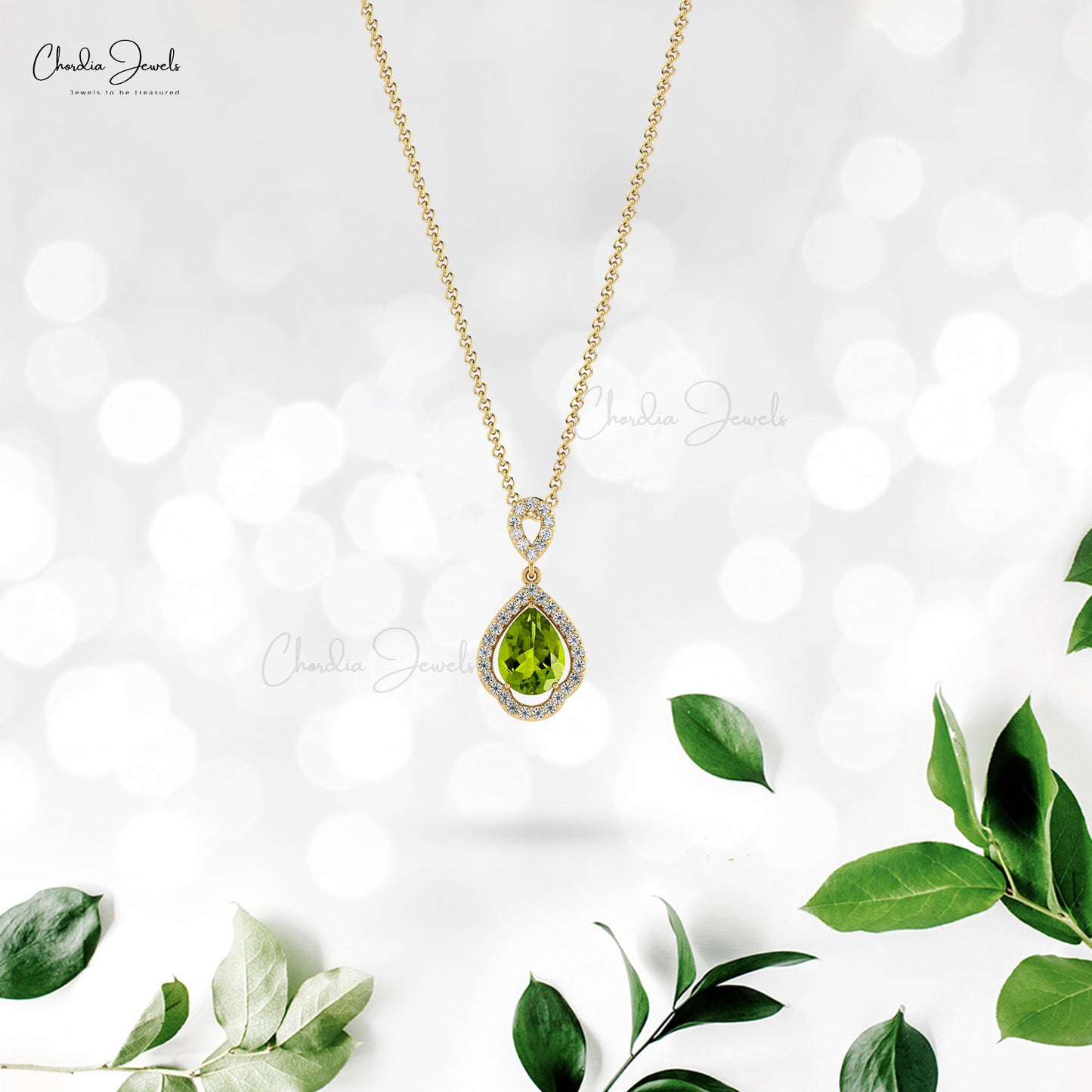 Natural Peridot and Diamond Pendant, 8x6mm Pear Cut Gemstone Prong Set Pendant, August Birthstone Pendant Gift for Her