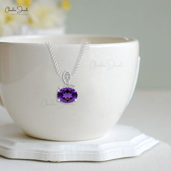 Genuine Amethyst Pendant, 14k Solid Gold Diamond Pendant, 8x6mm Oval Faceted Gemstone Pendant, Anniversary Gift for Her