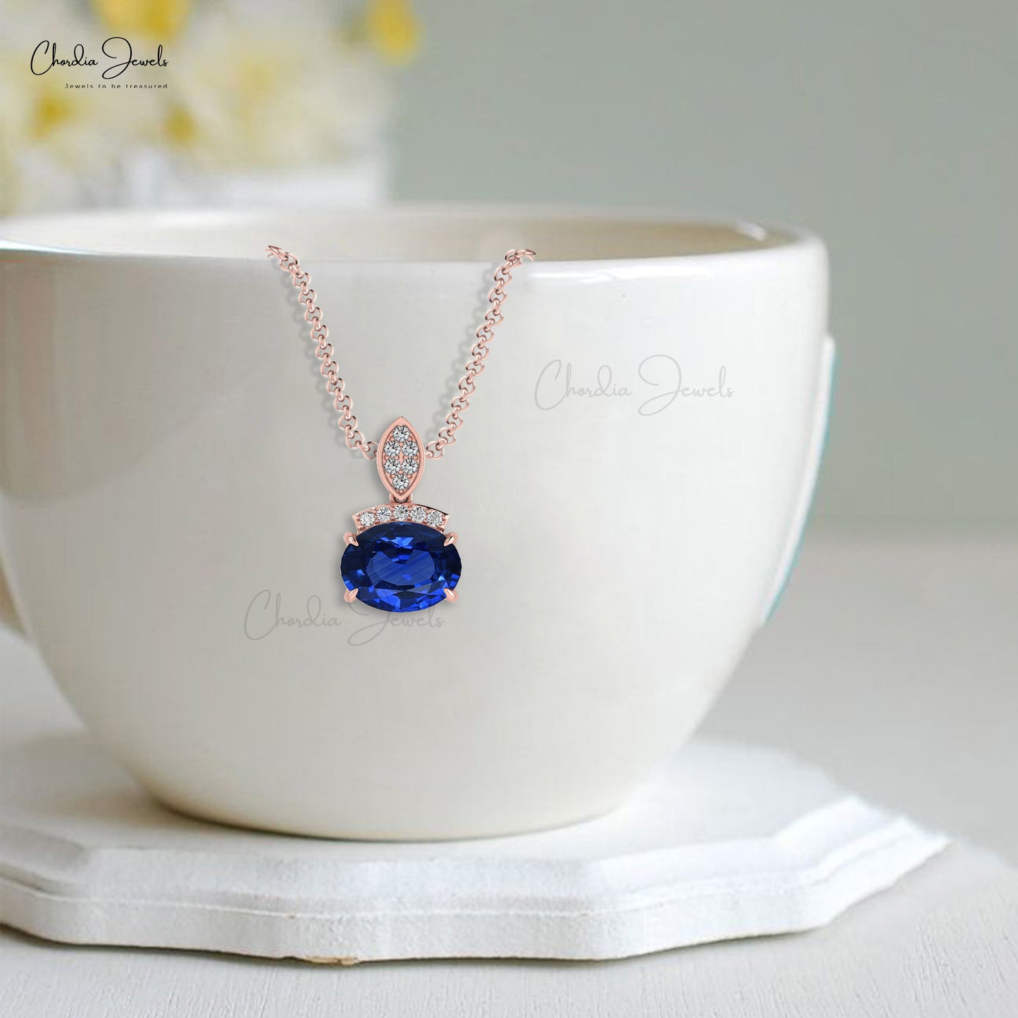 Diamond Bar Unique Pendant With 1.35 Ct Blue Sapphire Minimalist Pendant In 14k Real Gold