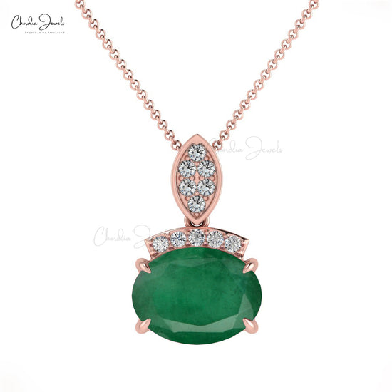 Dainty Pendant With Diamond Accents 14k Solid Gold Emerald Gemstone Handcrafted Pendant 