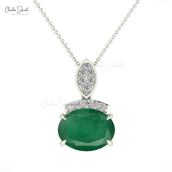 Dainty Pendant With Diamond Accents 14k Solid Gold Emerald Gemstone Handcrafted Pendant