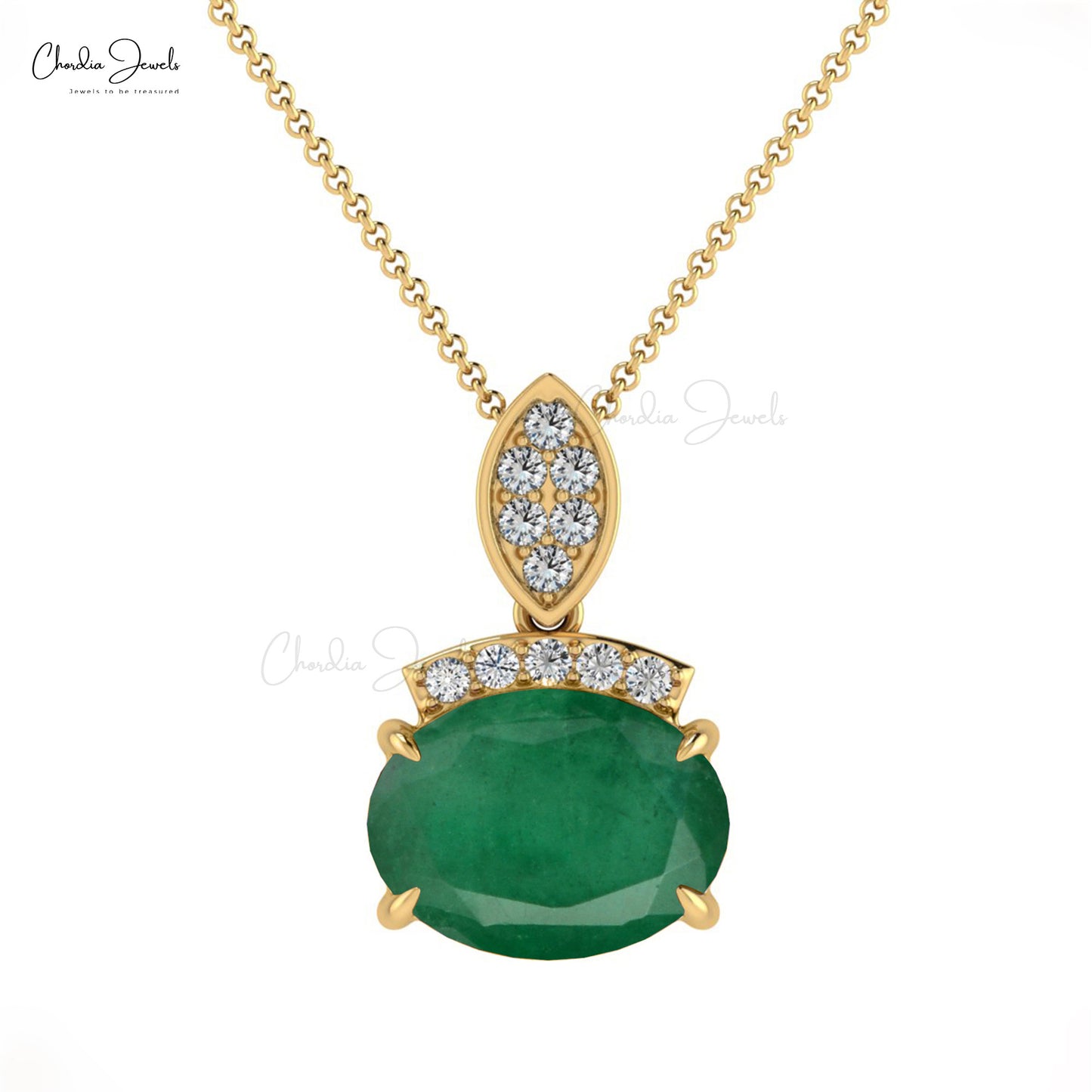 Excellent Oval Cut Emerald & Diamond Dainty Pendant in 14K Gold