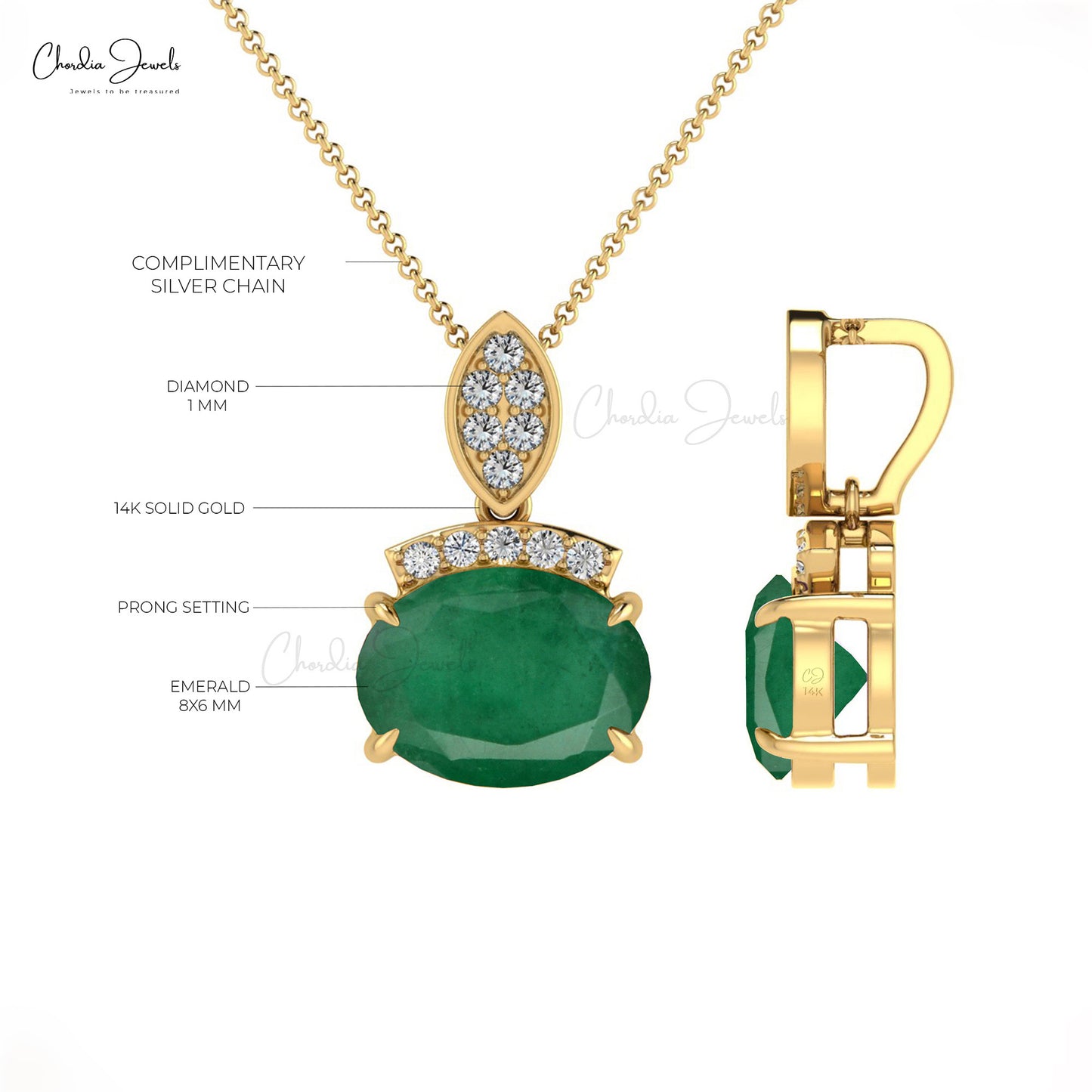 Excellent Oval Cut Emerald & Diamond Dainty Pendant in 14K Gold