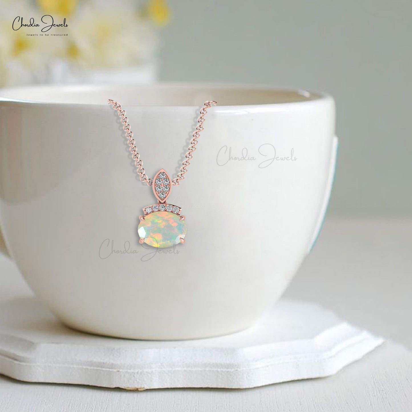 Oval Cut Opal & Round Diamond Dainty Pendant for Anniversary Gift