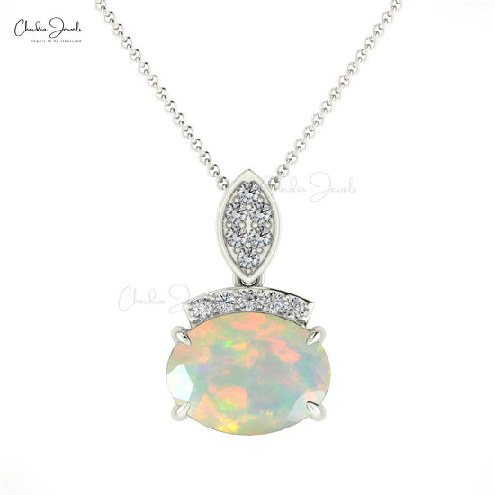 Oval Cut Opal & Round Diamond Dainty Pendant for Anniversary Gift