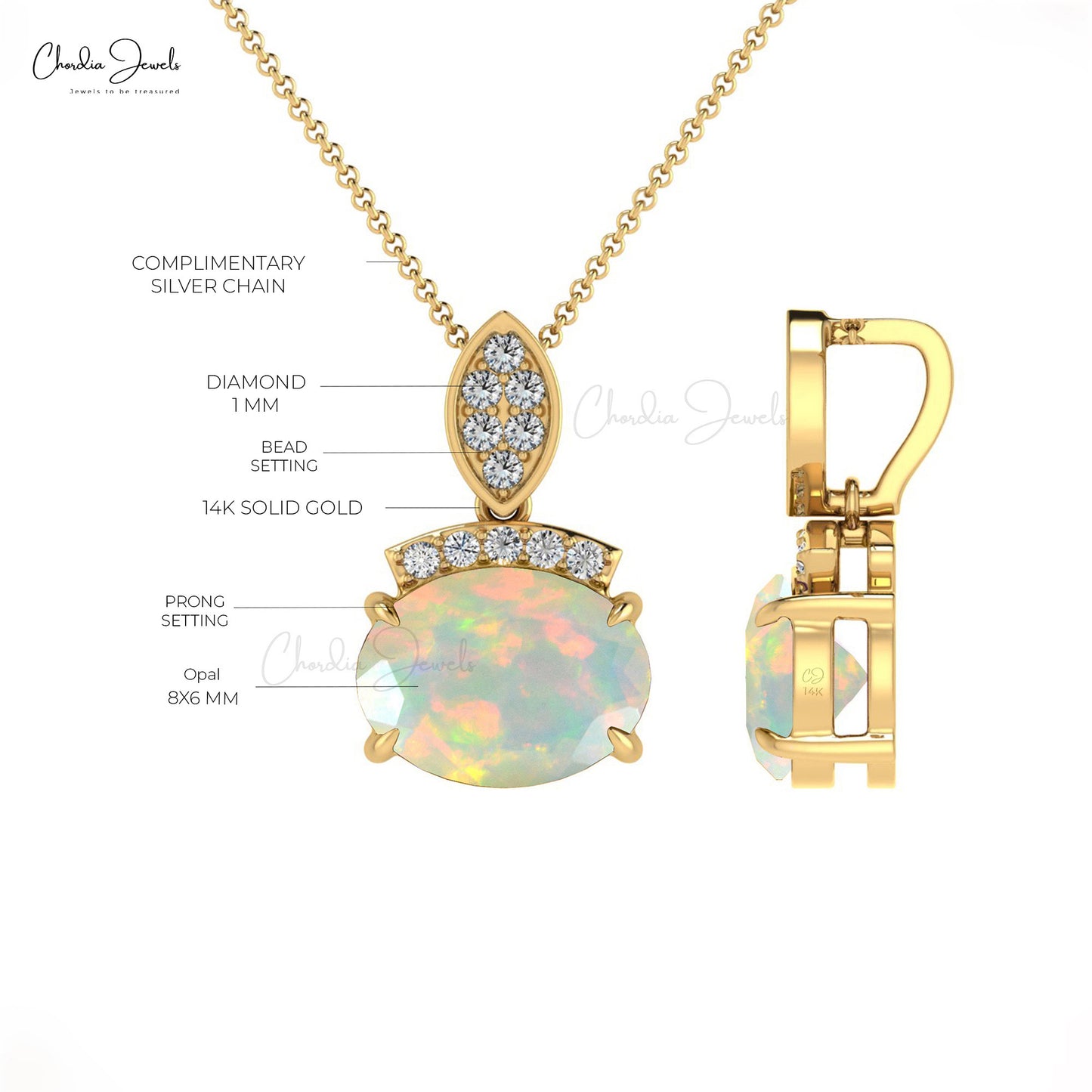 Oval Cut Opal & Round Diamond Dainty Pendant for Anniversary Gift