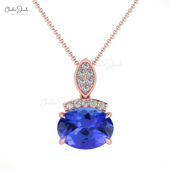 Cluster Diamond Pendant In 14k Solid Gold Tanzanite 8x6mm Gemstone Pendant For Mom