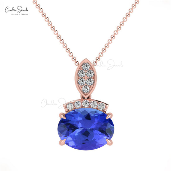 Load image into Gallery viewer, Elegant Design Handmade Diamond Dainty Pendant Necklace Natural Tanzanite Gemstone Pendant in 14k Pure Gold Gift For Wife
