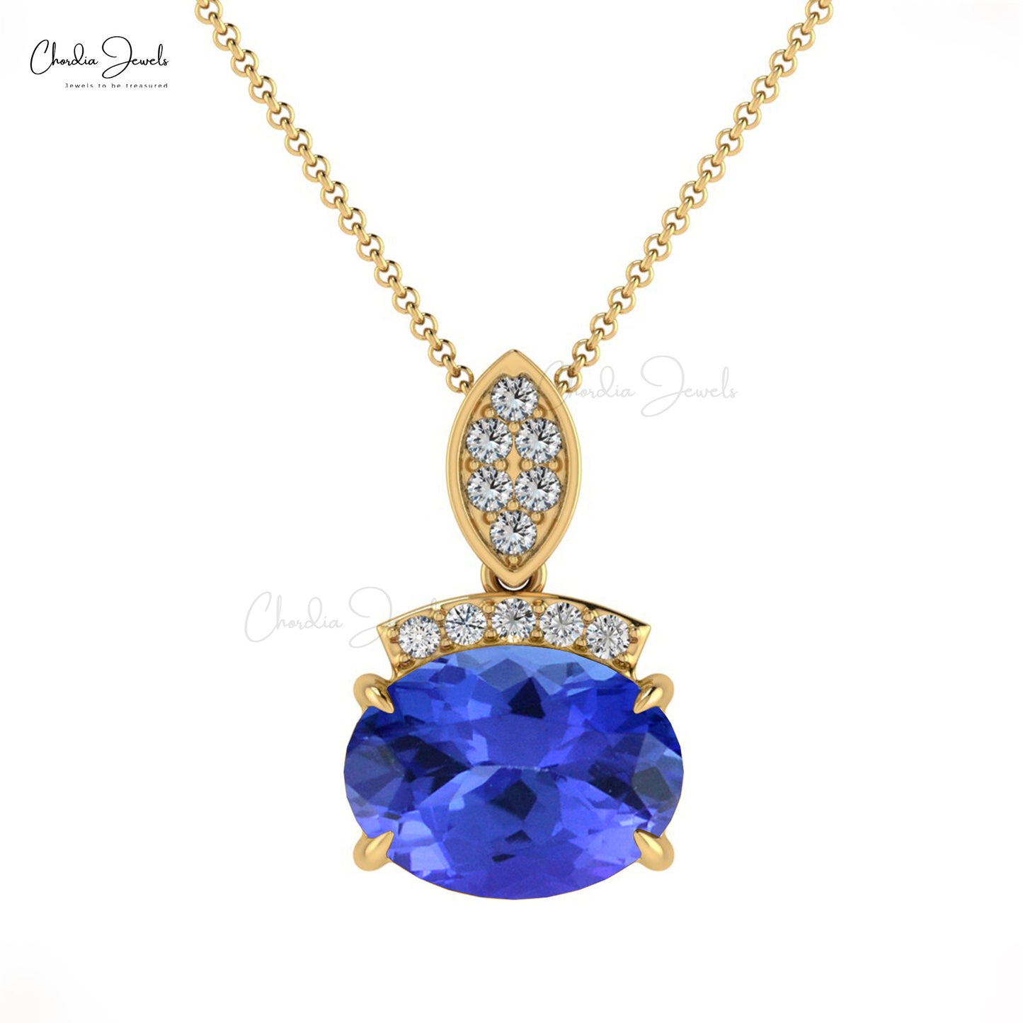 Cluster Diamond Pendant In 14k Solid Gold Tanzanite 8x6mm Gemstone Pendant For Mom