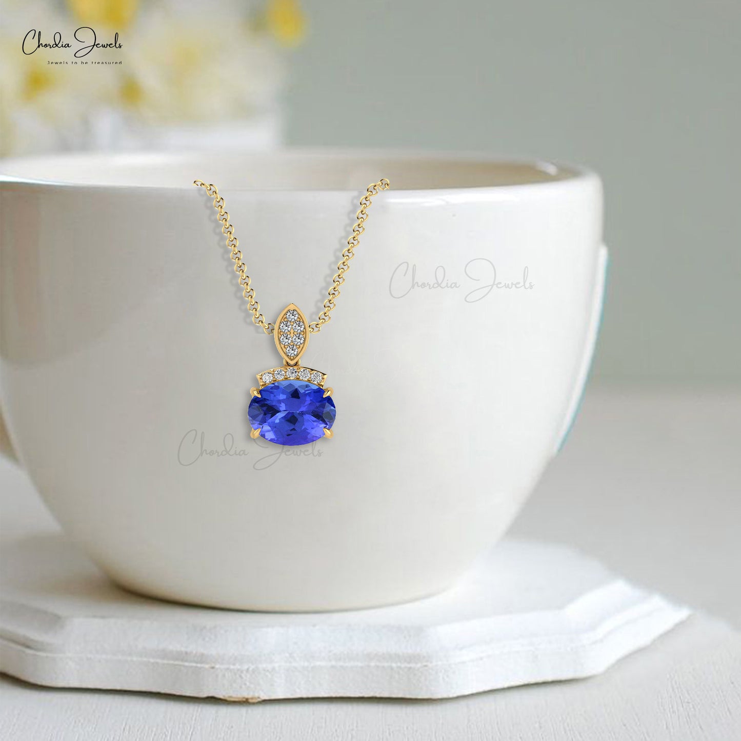 Cluster Diamond Pendant In 14k Solid Gold Tanzanite 8x6mm Gemstone Pendant For Mom
