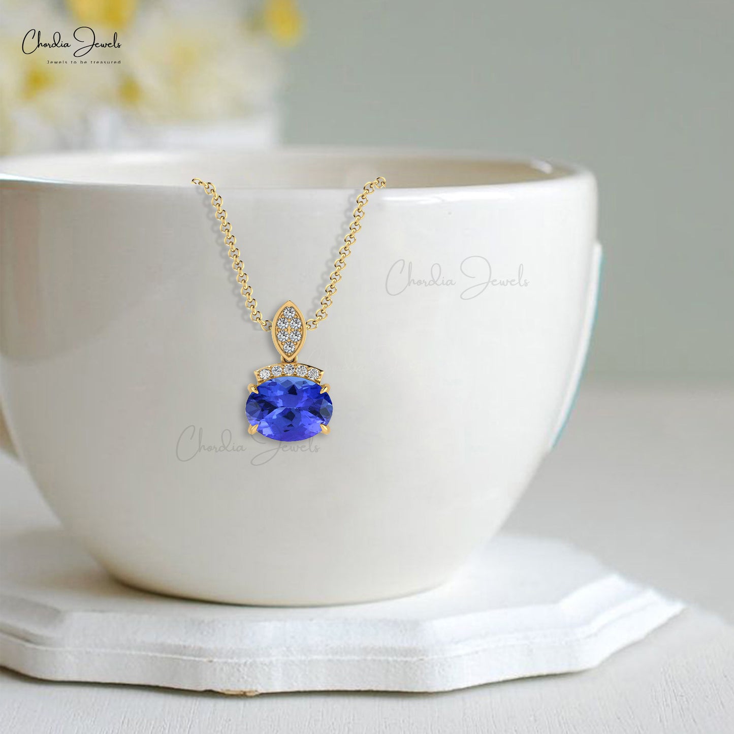 Load image into Gallery viewer, Elegant Design Handmade Diamond Dainty Pendant Necklace Natural Tanzanite Gemstone Pendant in 14k Pure Gold Gift For Wife
