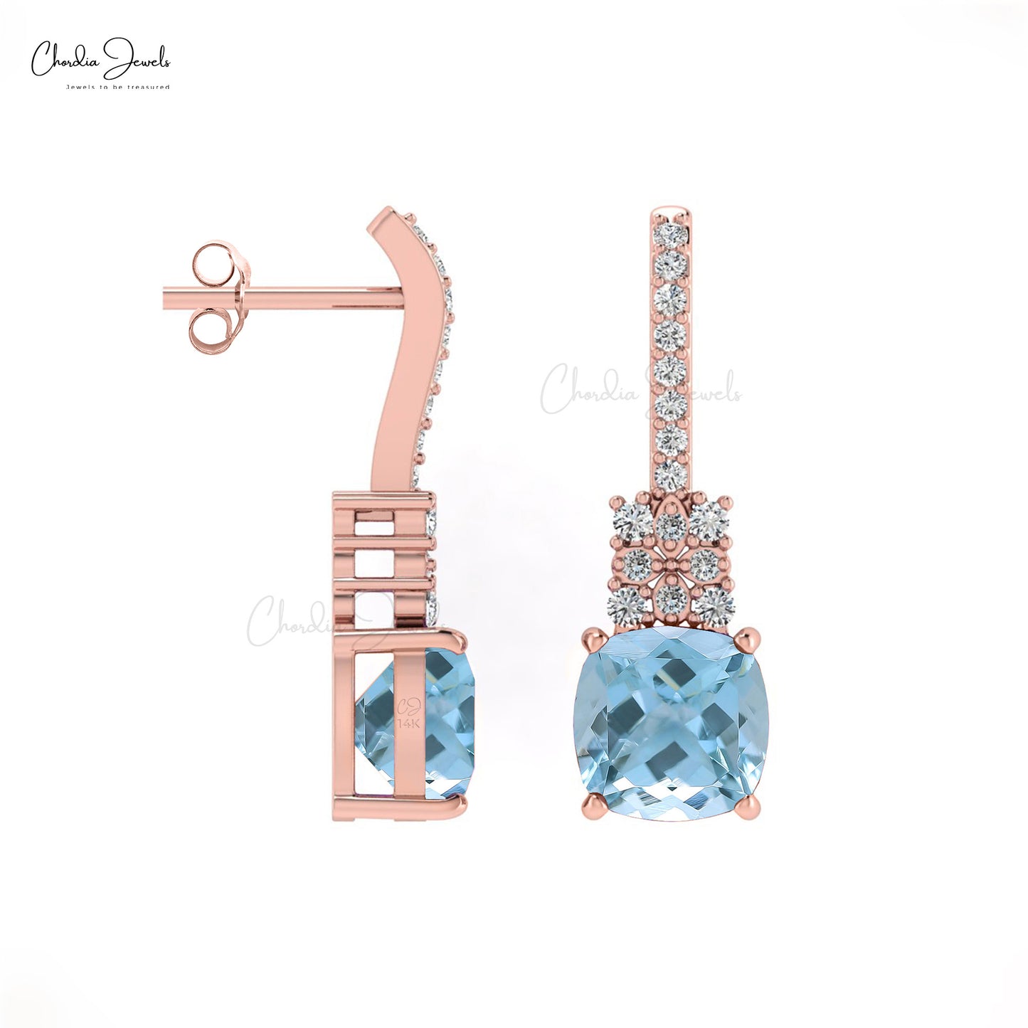 Classic Cushion Cut Aquamarine & Round Cut Diamond Studded Earring