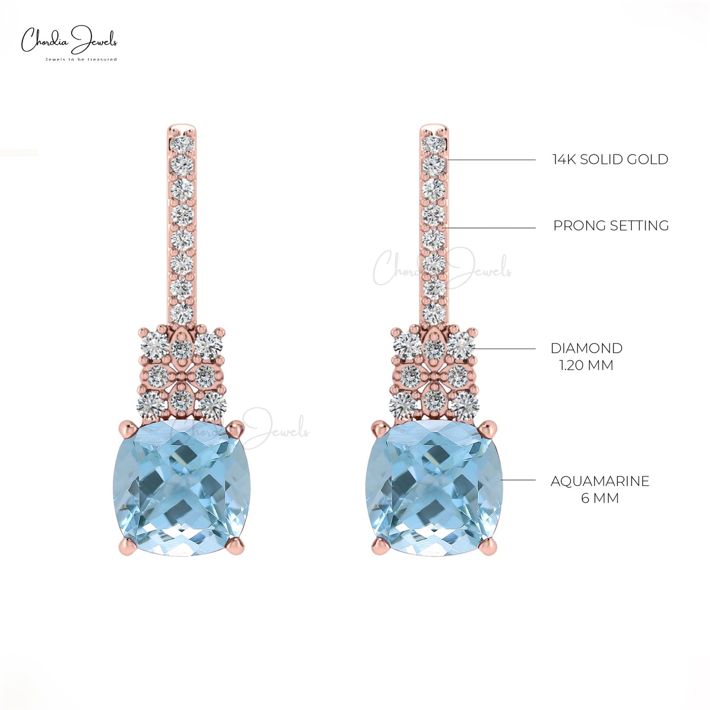 Classic Cushion Cut Aquamarine & Round Cut Diamond Studded Earring