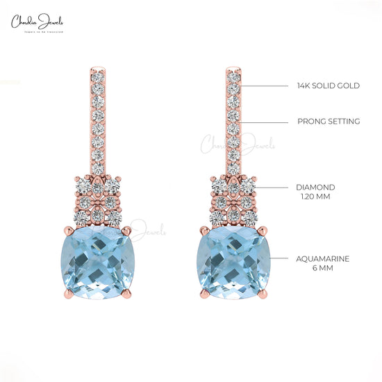 Classic Cushion Cut Aquamarine & Round Cut Diamond Studded Earring