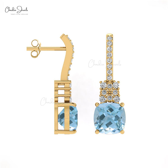 Classic Cushion Cut Aquamarine & Round Cut Diamond Studded Earring