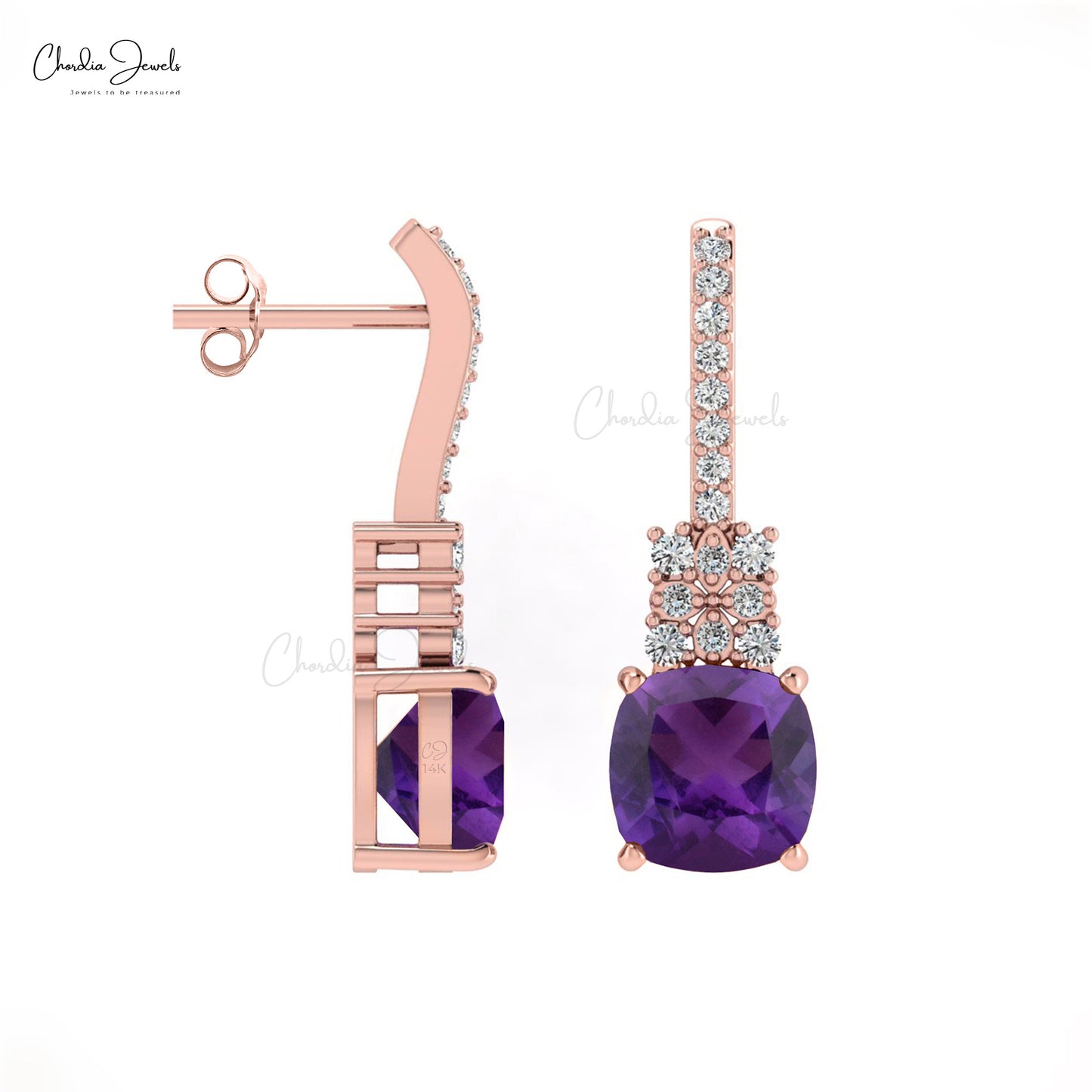 Cushion Shape Real Amethyst 14K Rose Gold Diamond Studded Earrings