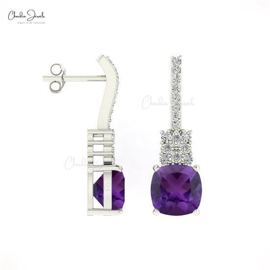 Cushion Shape Real Amethyst 14K White Gold Diamond Studded Earrings