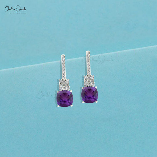 Cushion Shape Real Amethyst 14K White Gold Diamond Studded Earrings