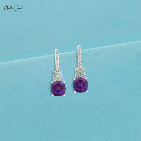 Load image into Gallery viewer, Cushion Shape Real Amethyst 14K White Gold Diamond Studded Earrings
