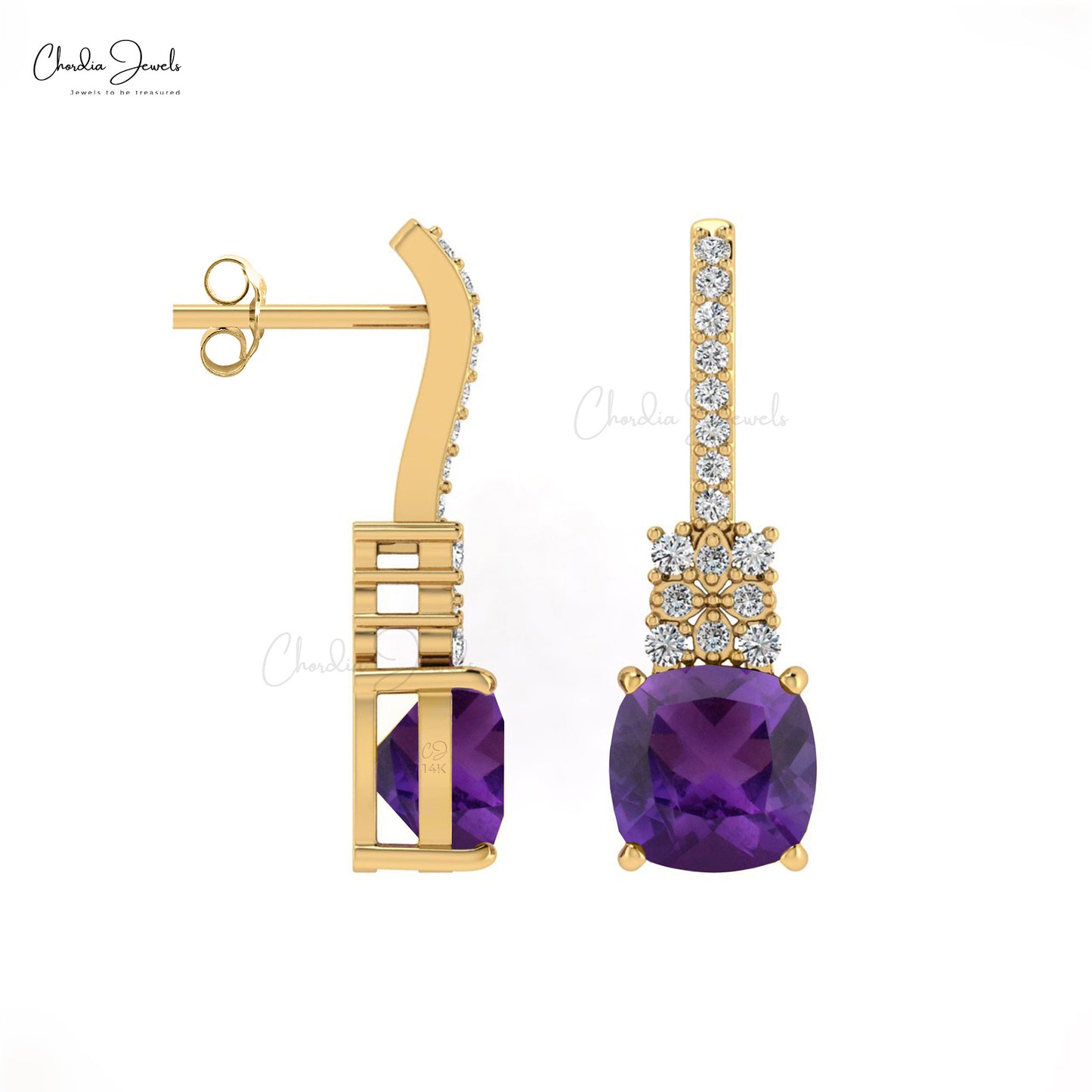 Cushion Shape Real Amethyst 14K Gold Diamond Studded Earrings