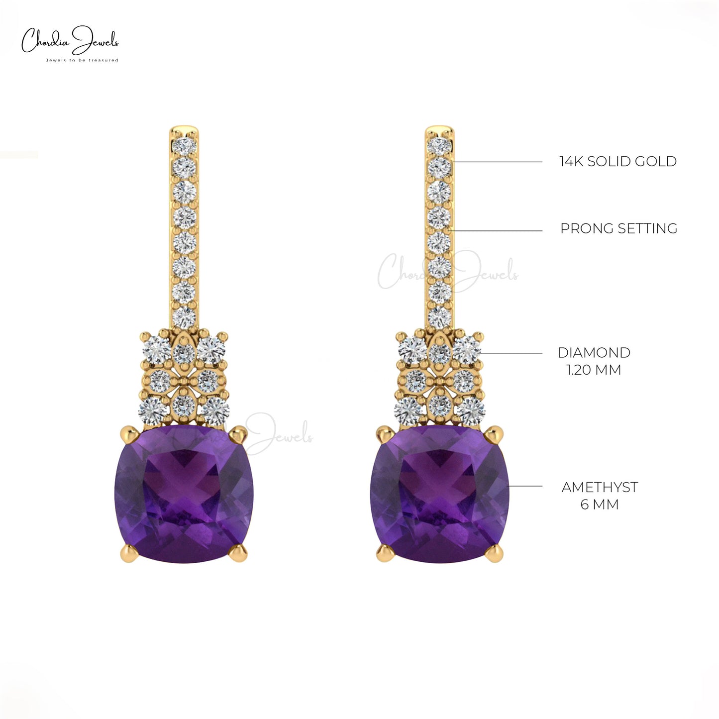 Cushion Shape Real Amethyst 14K Gold Diamond Studded Earrings