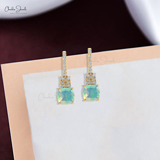 Stunning Cushion Cut Opal & Round Cut Diamond Studded Earring in 14K Gold