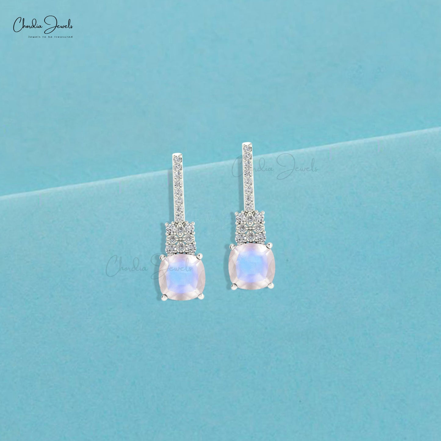 Rainbow Moonstone & Round Cut Diamond Studded Earring in 14K Gold
