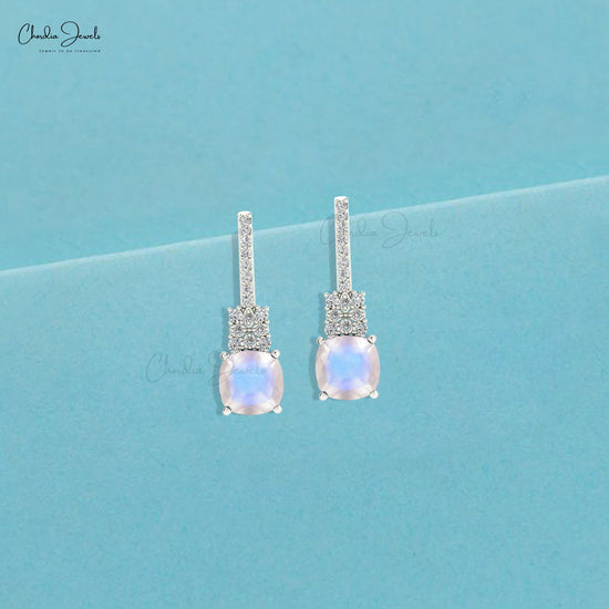 Rainbow Moonstone & Round Cut Diamond Studded Earring in 14K Gold