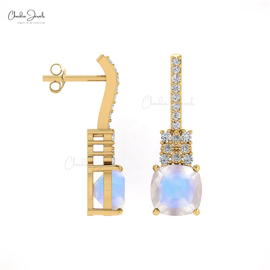 Rainbow Moonstone & Round Cut Diamond Studded Earring in 14K Gold