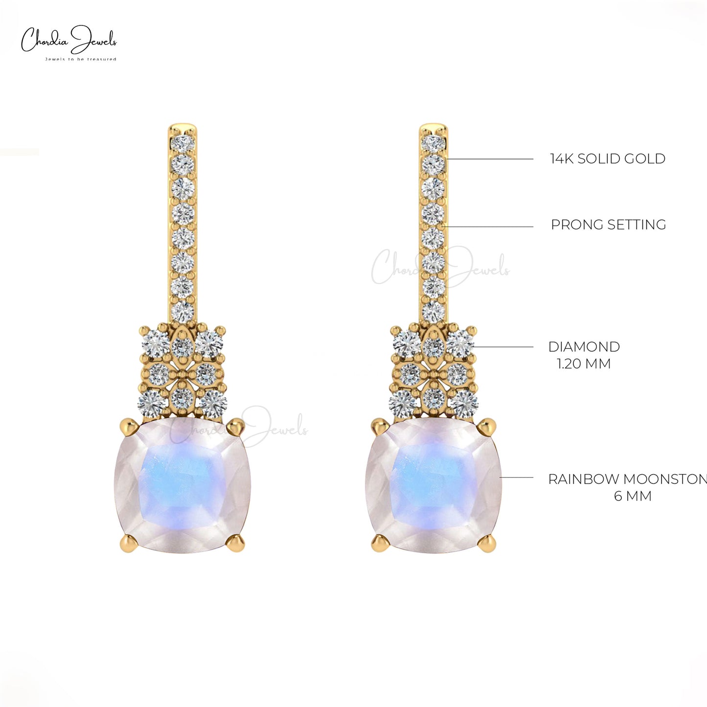 Rainbow Moonstone & Round Cut Diamond Studded Earring in 14K Gold