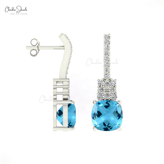 Real 14k Gold Diamond Dangling Wedding Earrings Natural Swiss Blue Topaz 6mm Cushion Cut Earrings For Anniversary Gift