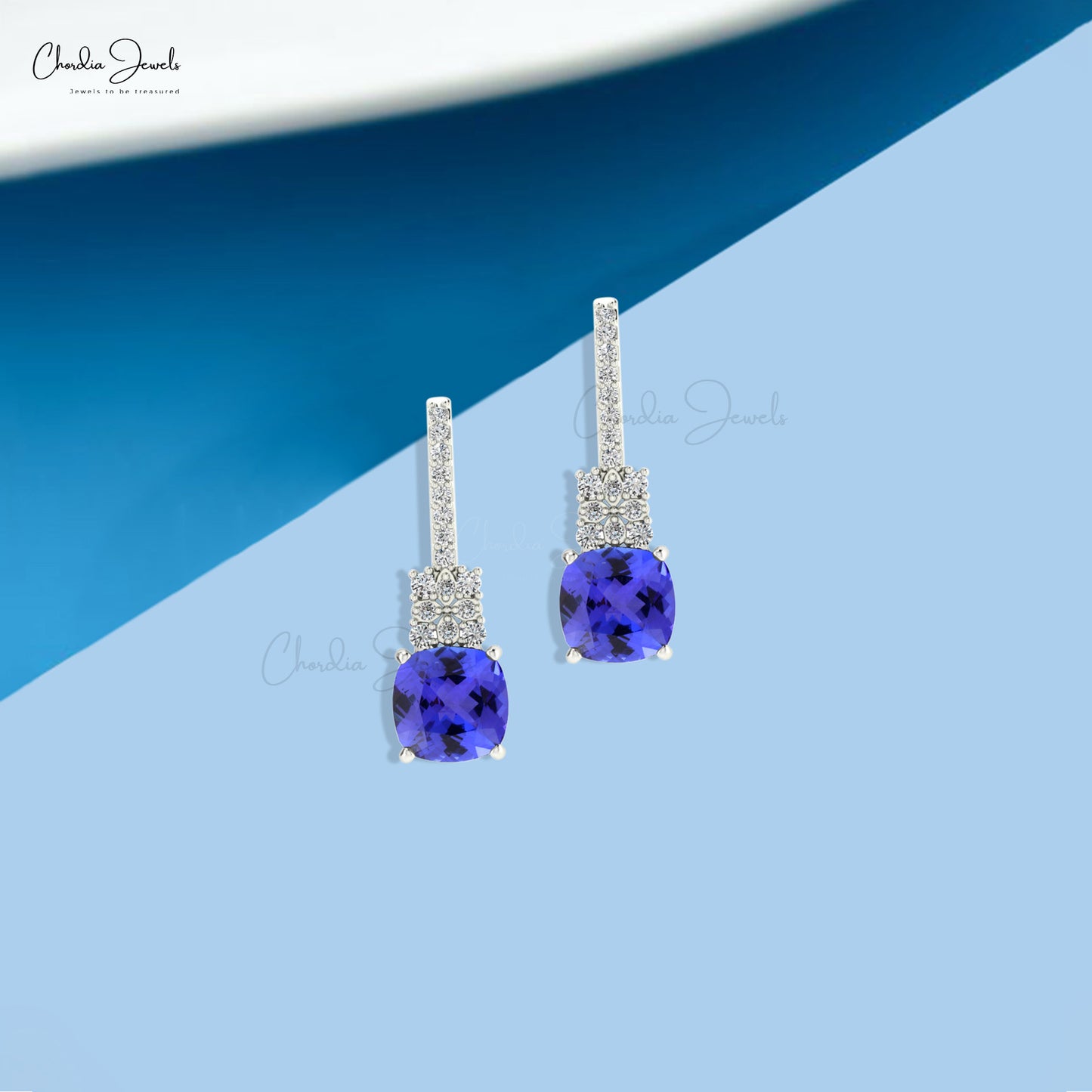 Cushion 6mm Cut Natural Tanzanite Dangling Earrings With Push Post 14k Solid Gold Diamond Wedding Earrings Light Weight Jewelry For Gift