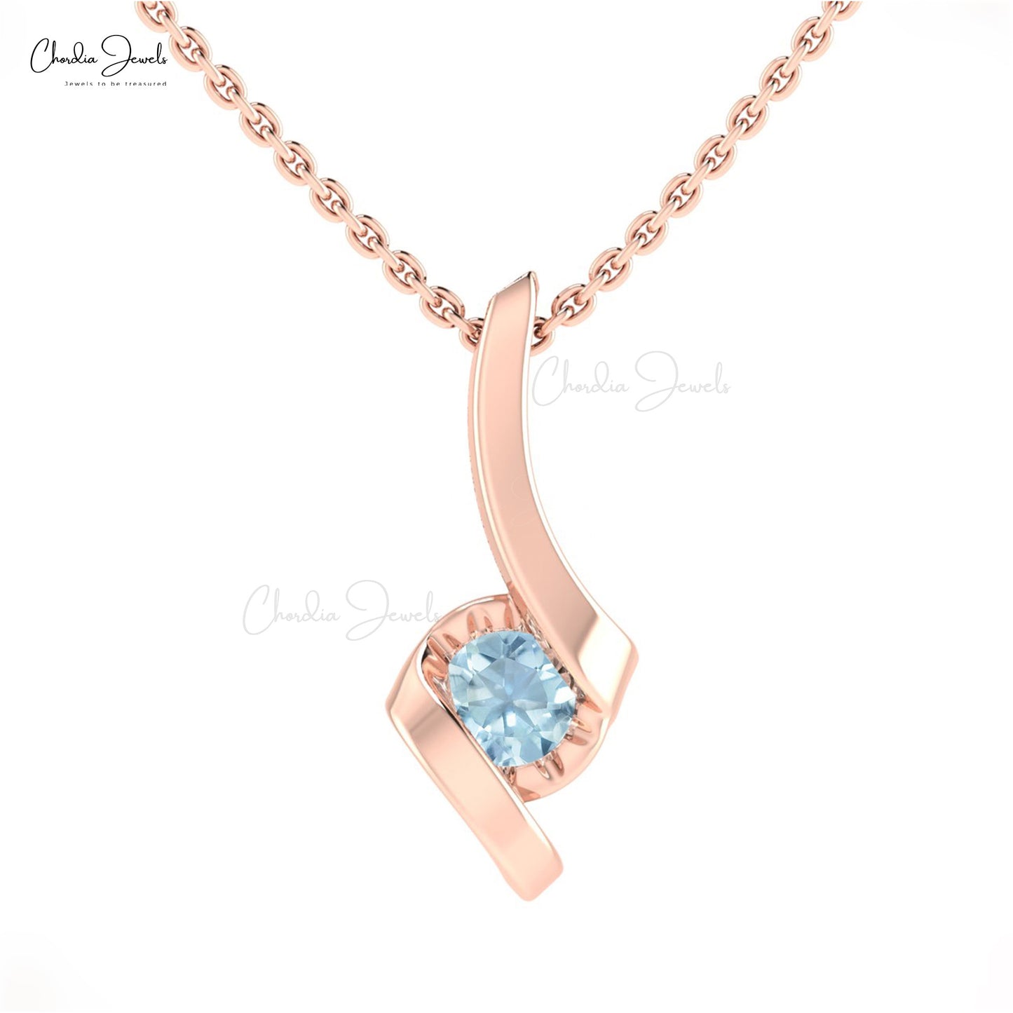 Round Aquamarine Twisted Pendant In 14k Solid Gold March Birthstone Solitaire Jewelry