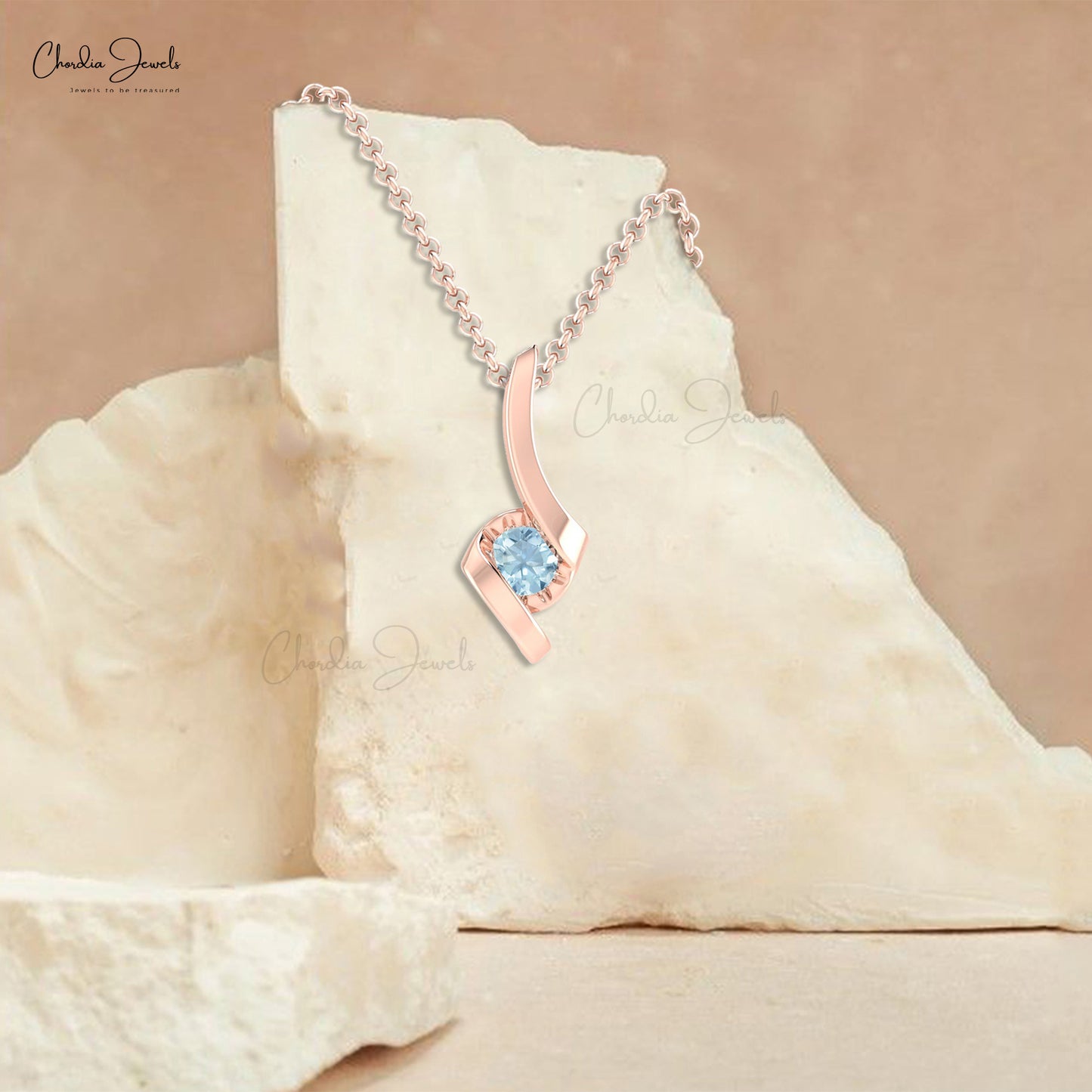 Round Aquamarine Twisted Pendant In 14k Solid Gold March Birthstone Solitaire Jewelry