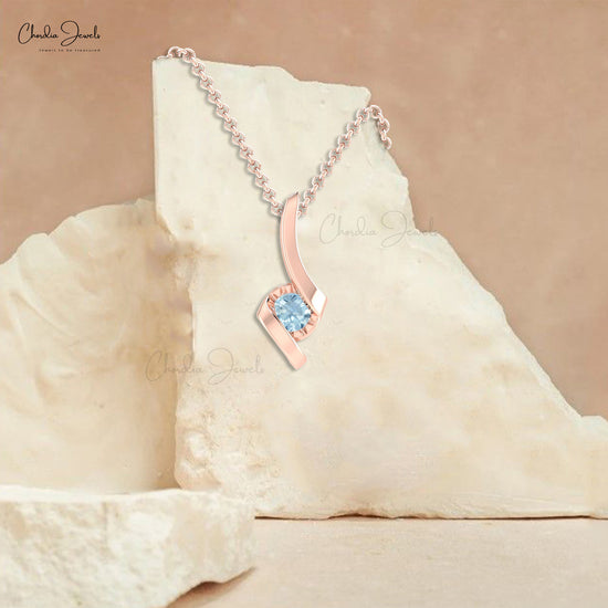 Round Aquamarine Twisted Pendant In 14k Solid Gold March Birthstone Solitaire Jewelry