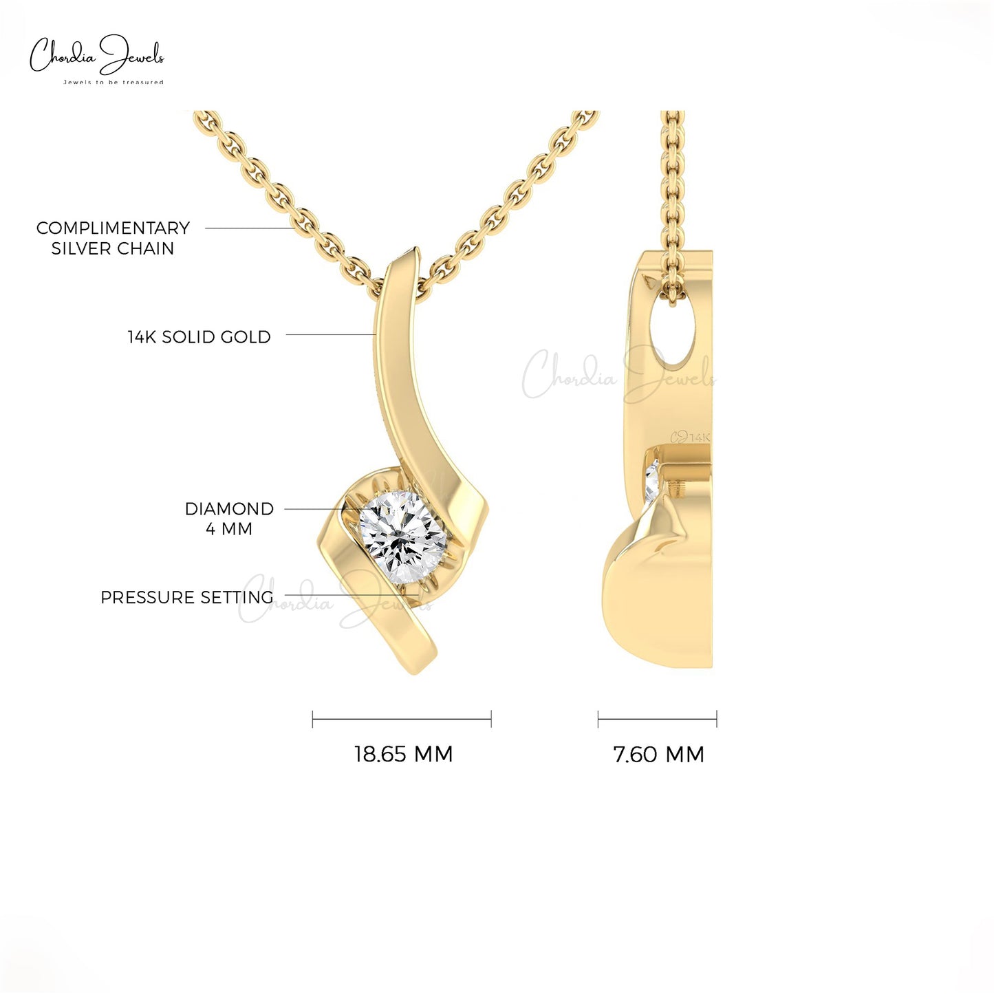 1/4 CT Solitaire Diamond Twisted Pendant Necklace in 14k Solid Gold