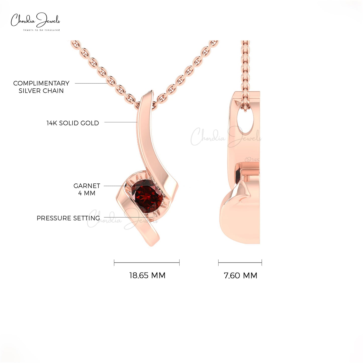 14k Solid Gold Solitaire Rhodolite Garnet Twisted Pendant
