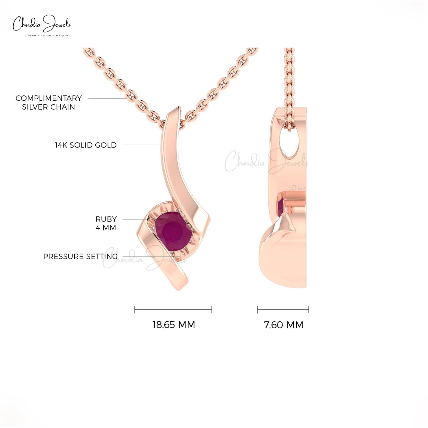 Natural Solitaire Round Cut Ruby Birthstone Twisted Pendant Necklace