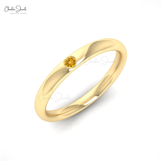 14k Solid Gold Round Brilliant Citrine Simple Flush Set Wedding Ring