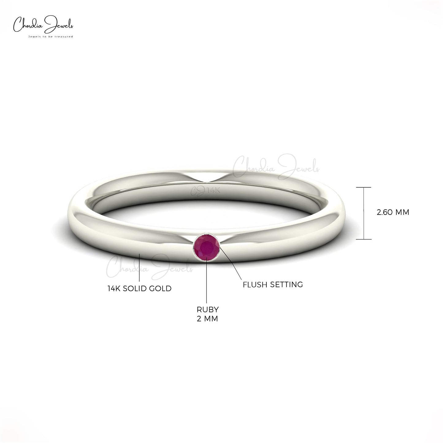 Classic 2mm Round Red Ruby Gemstone Wedding Band Ring