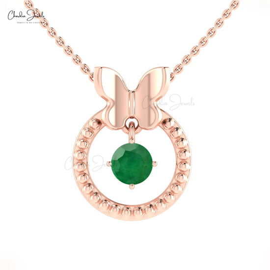 Load image into Gallery viewer, Unique Solid 14k Gold Butterfly Eternity Pendant with Solitaire Emerald
